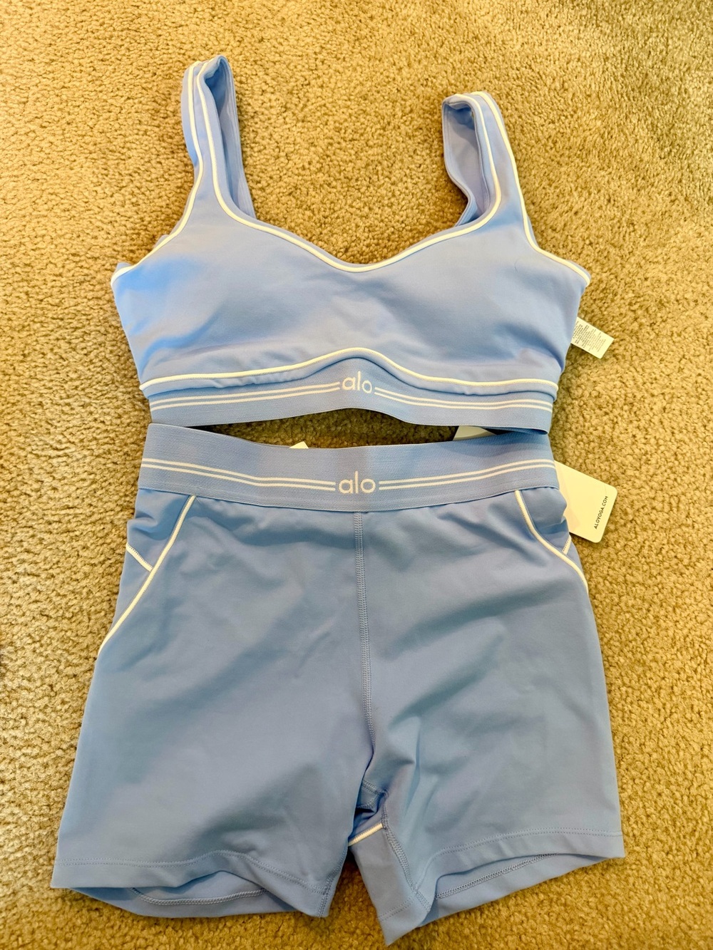 ALO Yoga Light Blue Seamless Sports Bra & Shorts Set
